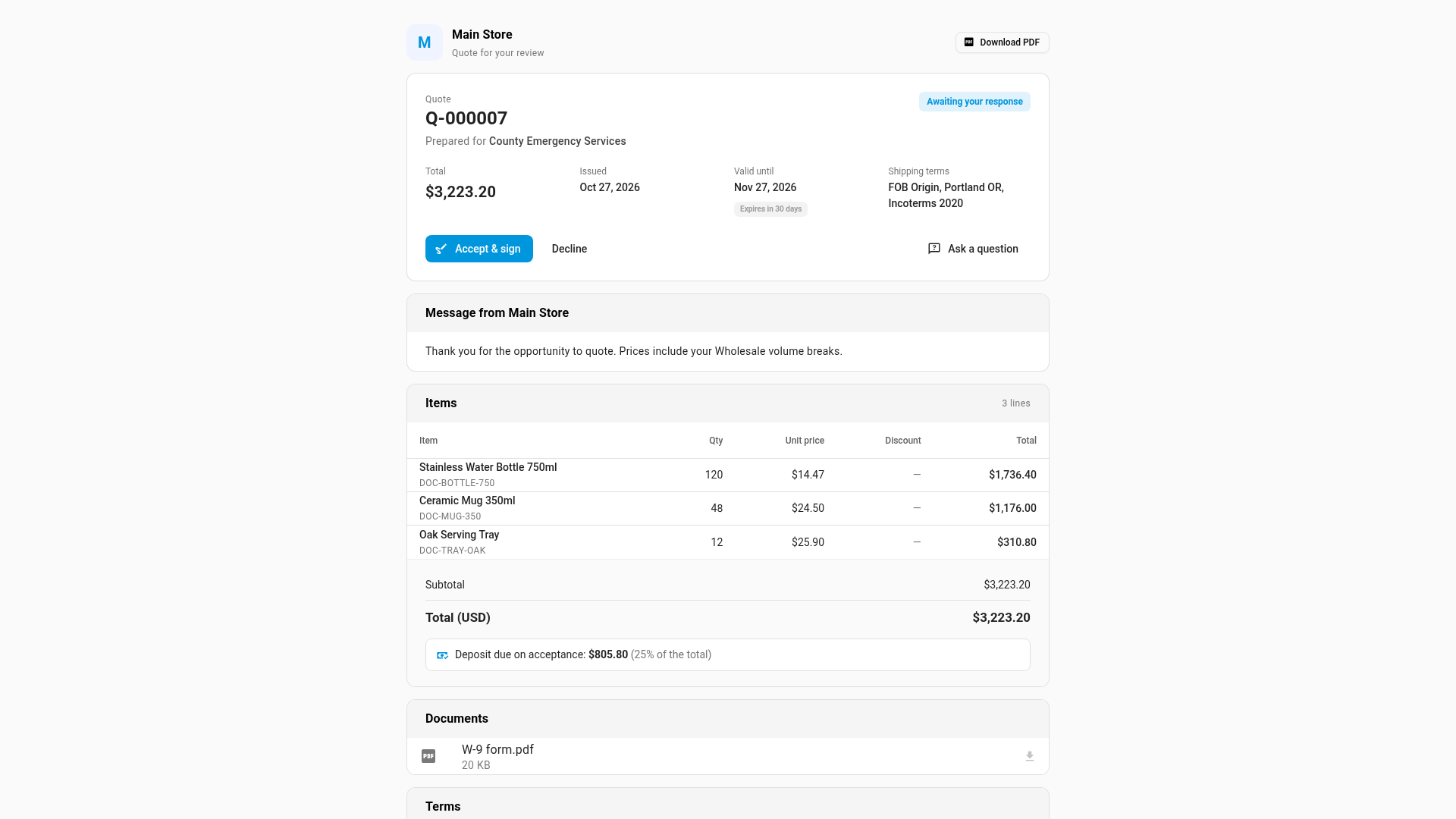 The customer's quote page at desktop width: the store name, the quote summary with Accept & sign, Decline and Ask a question, the message, Items, totals with the deposit due, and Documents