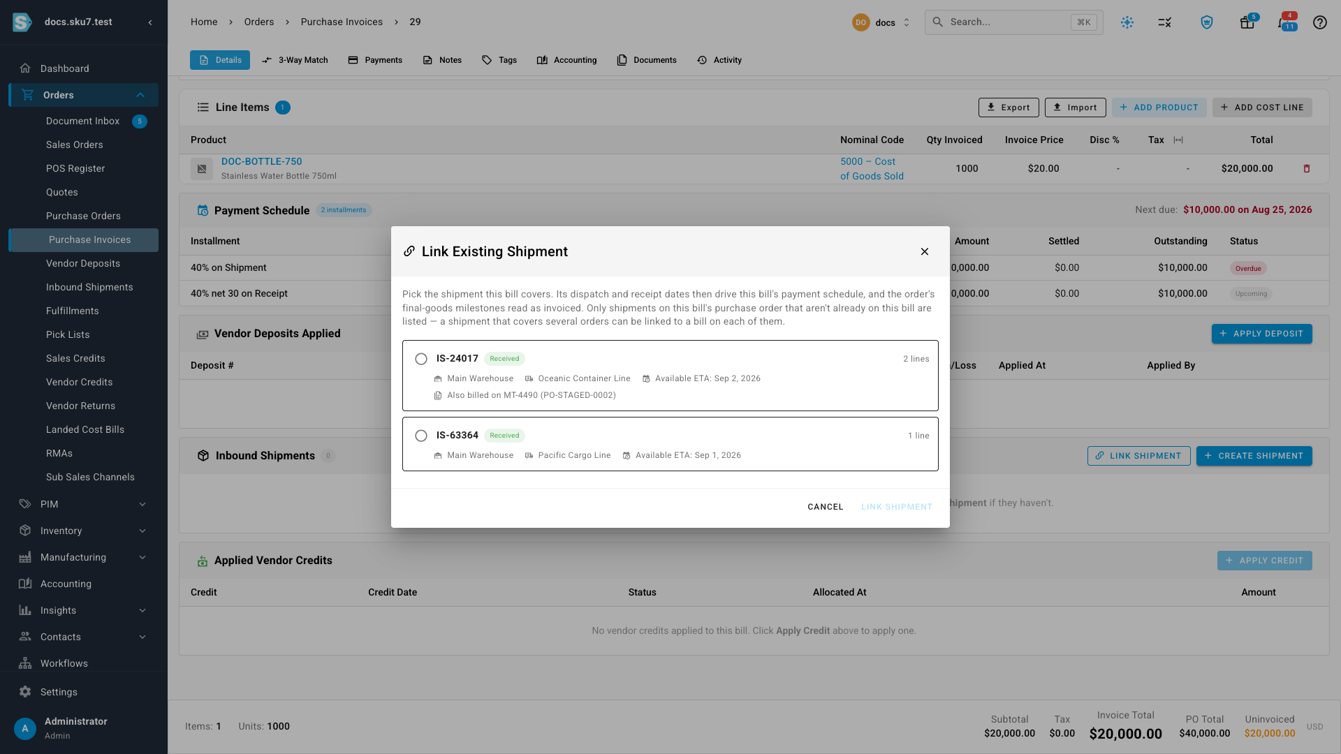 The Link Existing Shipment dialog listing two shipments, one already billed on another order