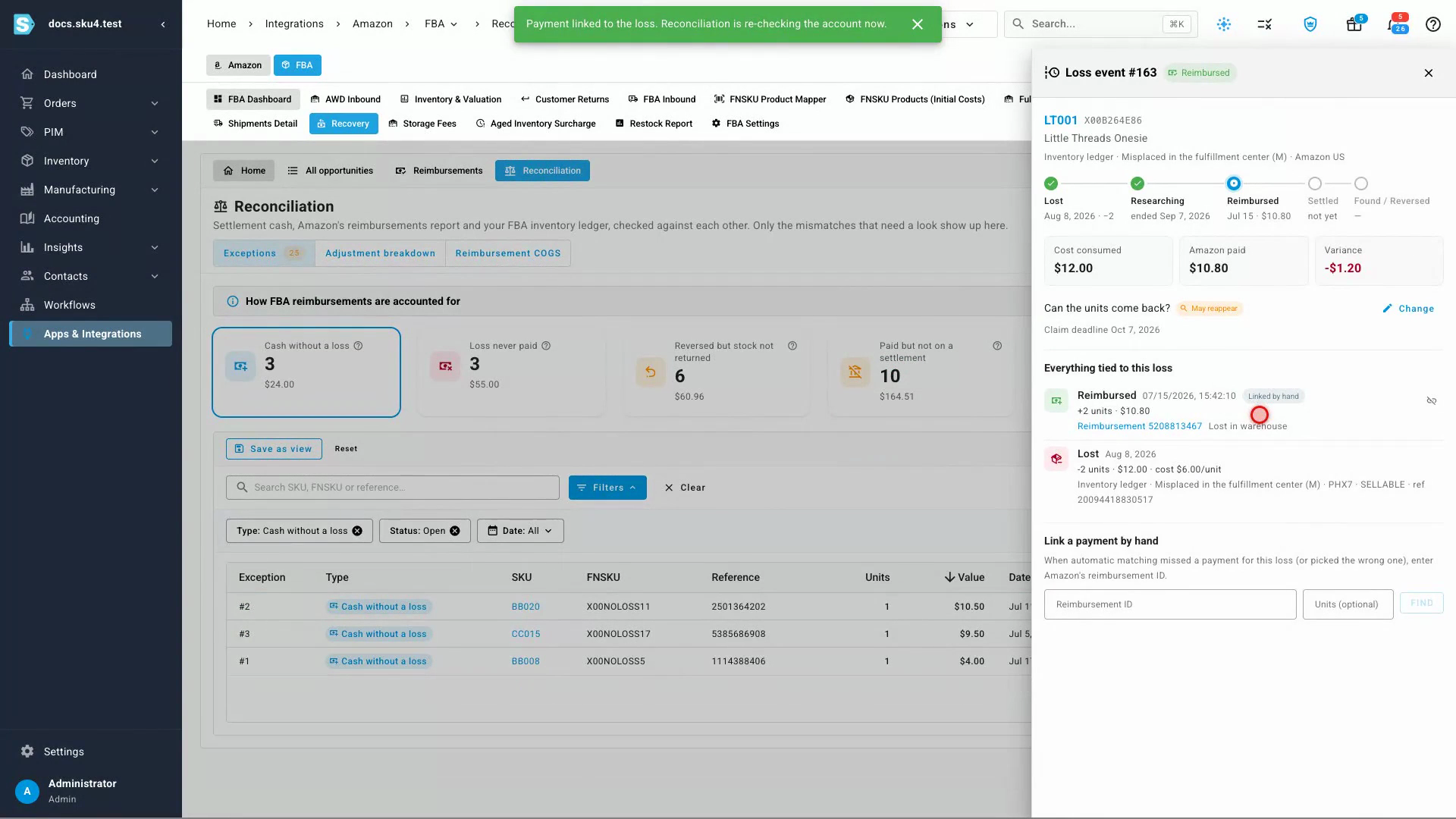 The loss panel with the payment linked by hand