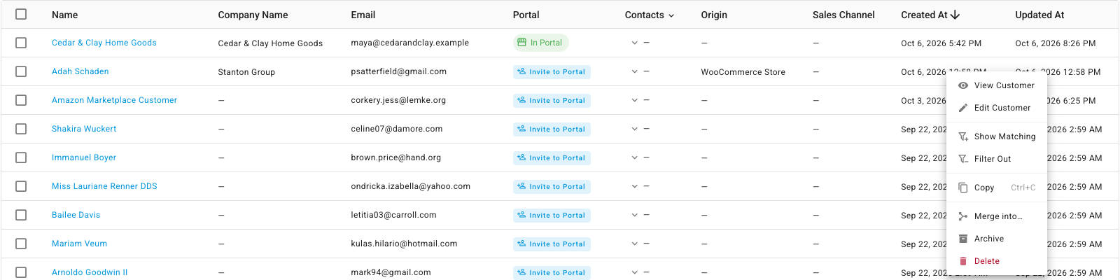 The customers list with a row's right-click menu open and Merge into… between Copy and Archive