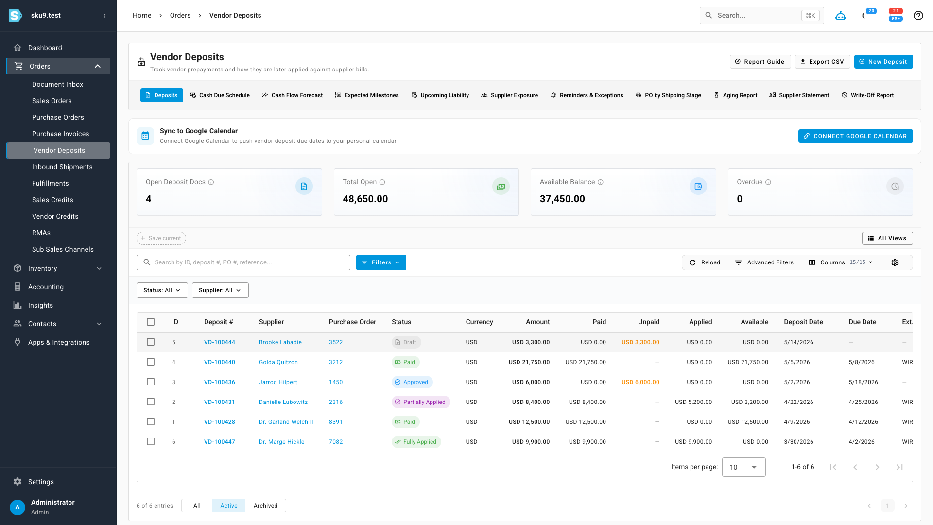 The Vendor Deposits workspace, listing deposits with status, amounts paid and applied, and summary cards for open balance and overdue deposits