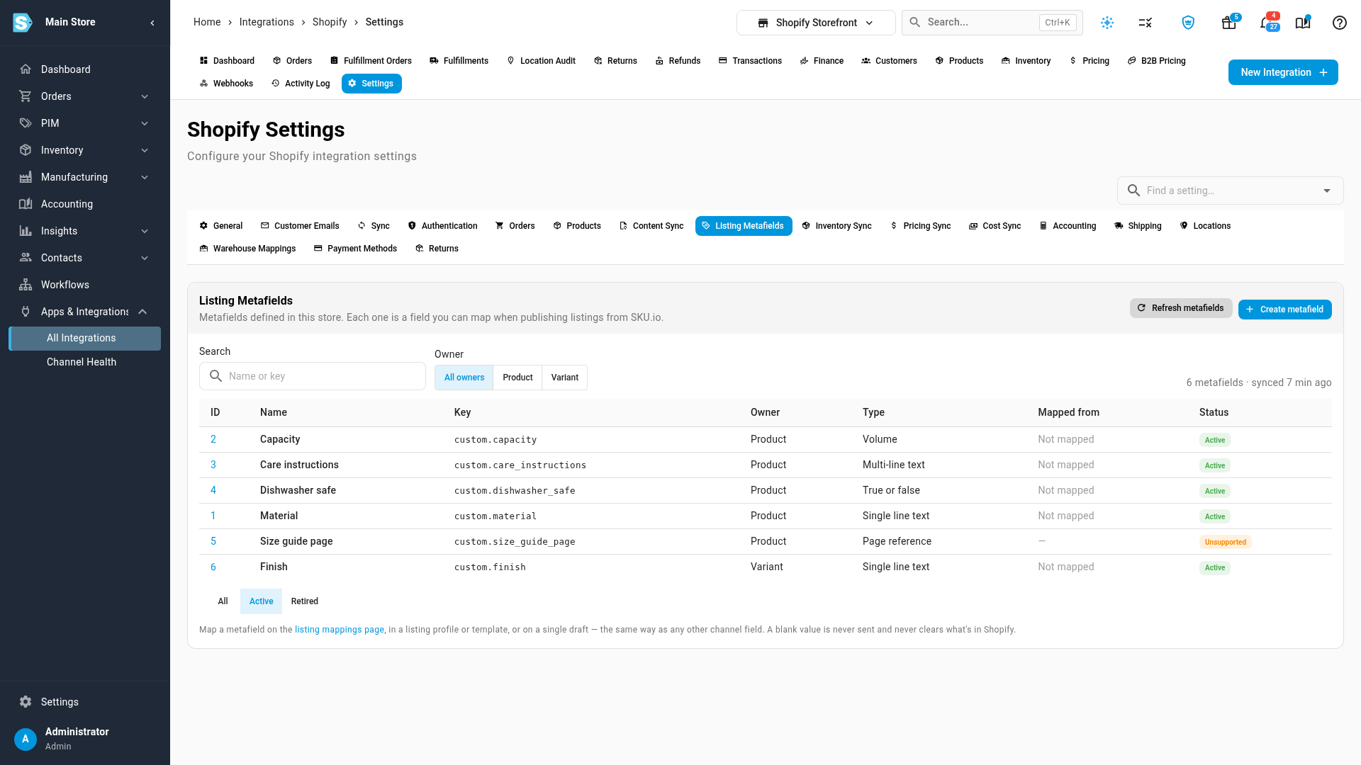The Listing Metafields tab, listing the store's metafields with their key, type and where each value comes from