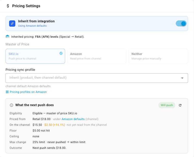 The Pricing Settings card on a listing, with the Pricing sync profile picker and What the next push does
