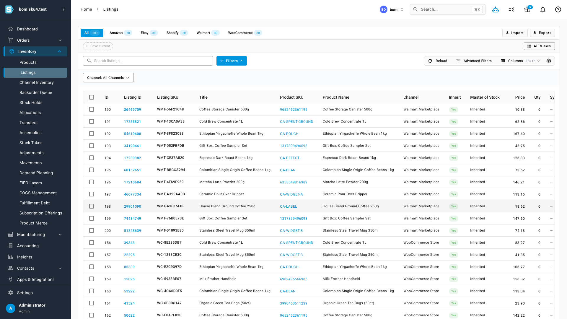 The Listings page showing product listings across all channels with per-integration tabs, listing SKU, title, product, channel, master of stock, and price columns