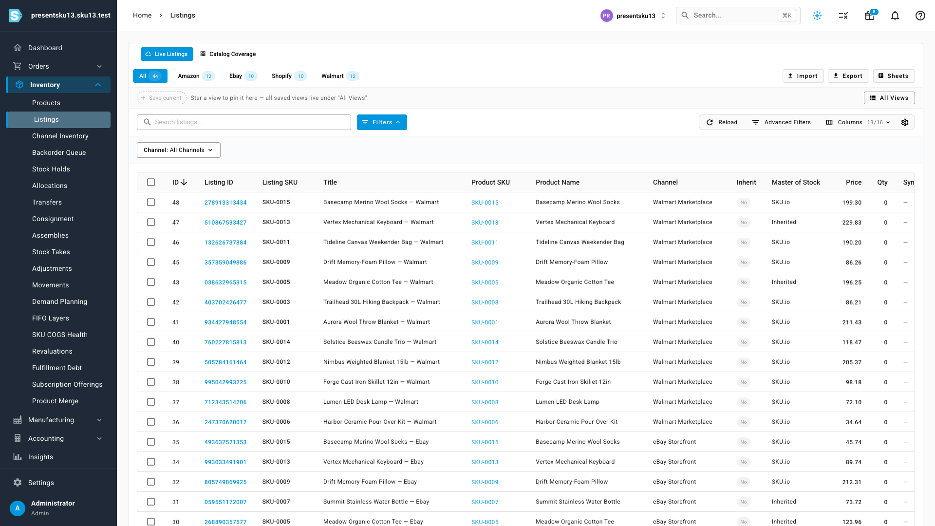 The Listings workspace showing product listings across Amazon, eBay, Shopify, and Walmart in one table
