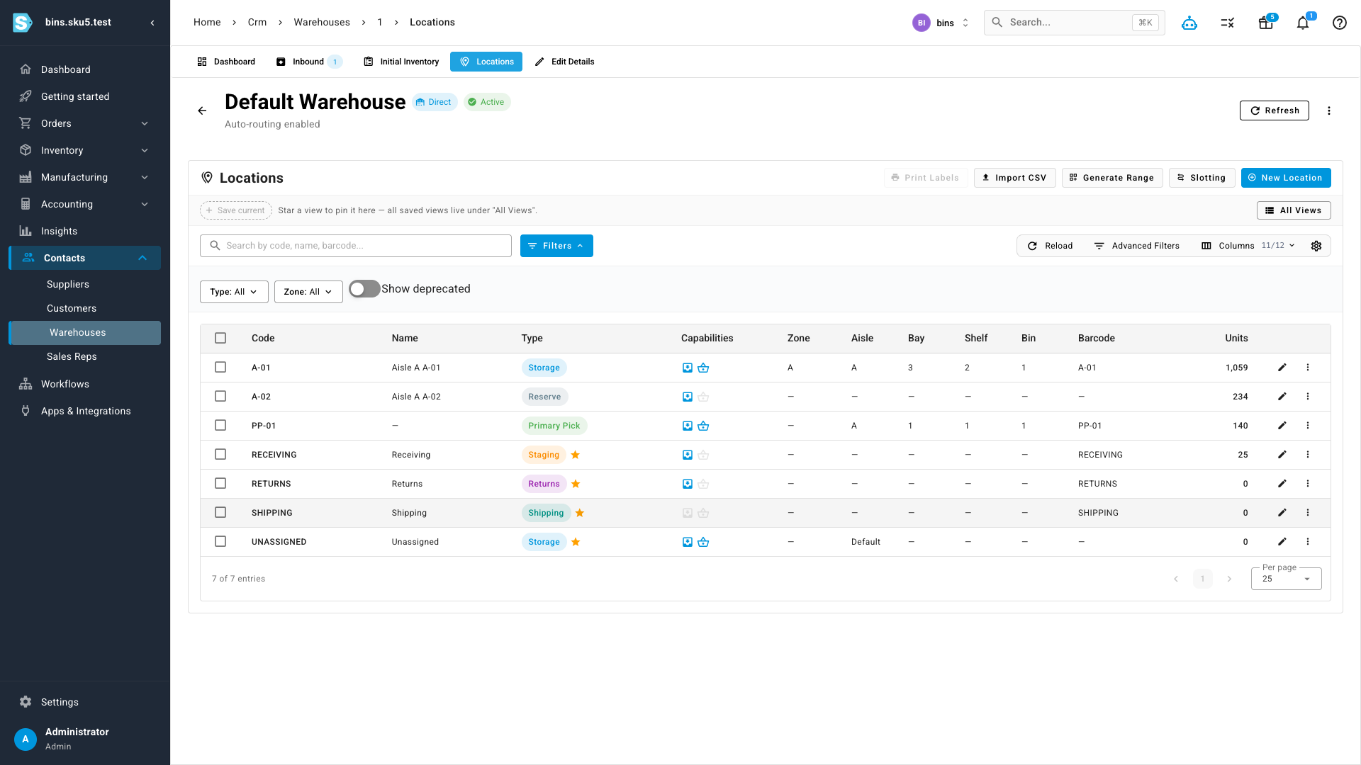 The Locations tab on a warehouse: typed, barcoded bins — Storage, Reserve, Primary Pick, Staging, Returns, Shipping — each with capability icons and live unit counts