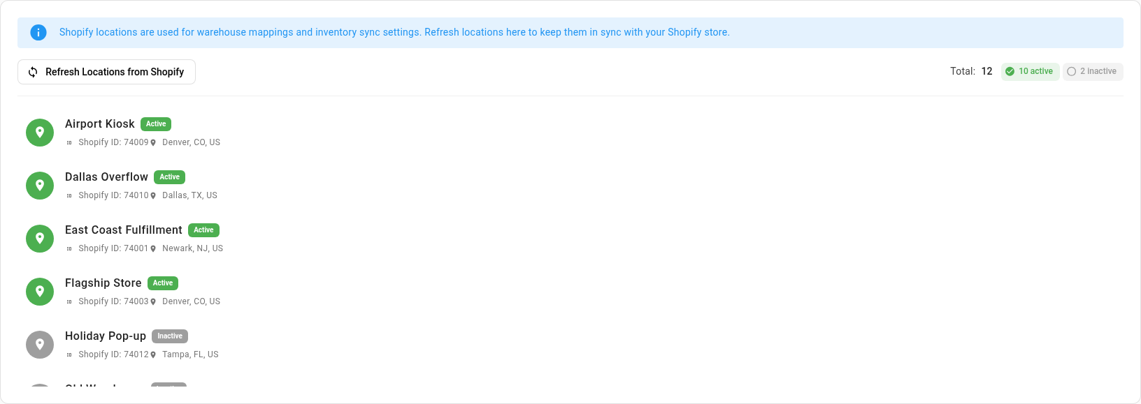 The Locations tab, with the Refresh Locations from Shopify button and the active and inactive counts