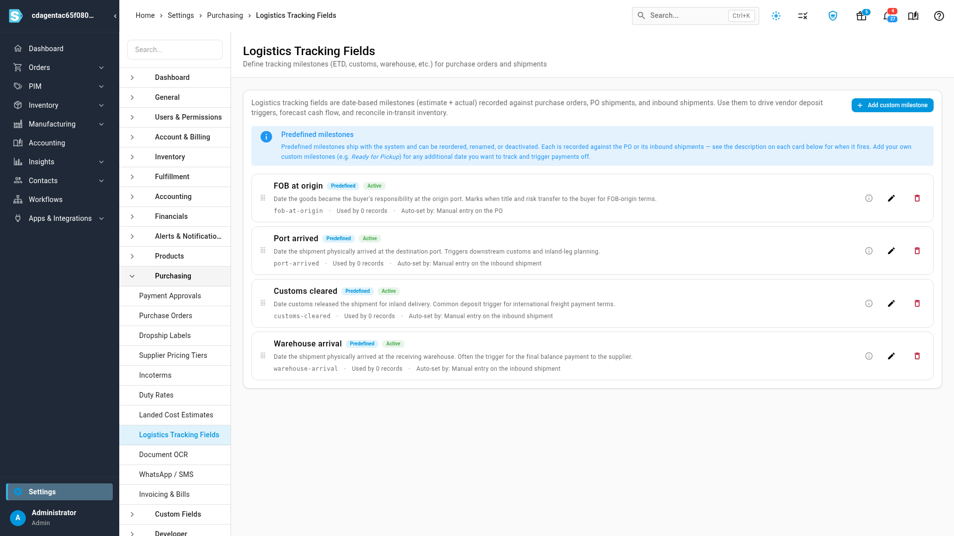 The Logistics Tracking Fields page with the four predefined milestones
