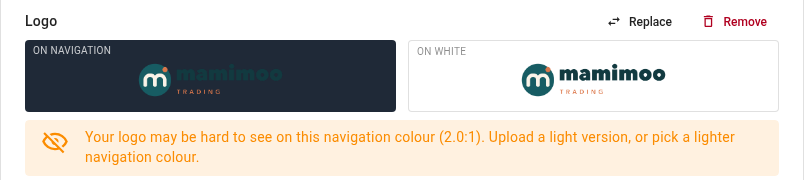 A dark logo shown on the dark default navigation colour and on white, with the warning that it may be hard to see