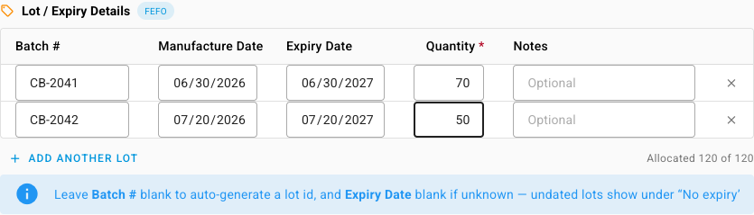 The filled lot table — CB-2041 and CB-2042 with auto-calculated expiry dates, Allocated 120 of 120