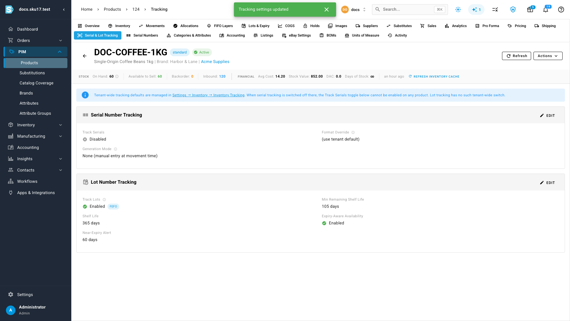The saved card — Track Lots Enabled, FEFO, Shelf Life 365 days, Near-Expiry Alert 60 days, Min Remaining Shelf Life 105 days, Expiry-Aware Availability Enabled