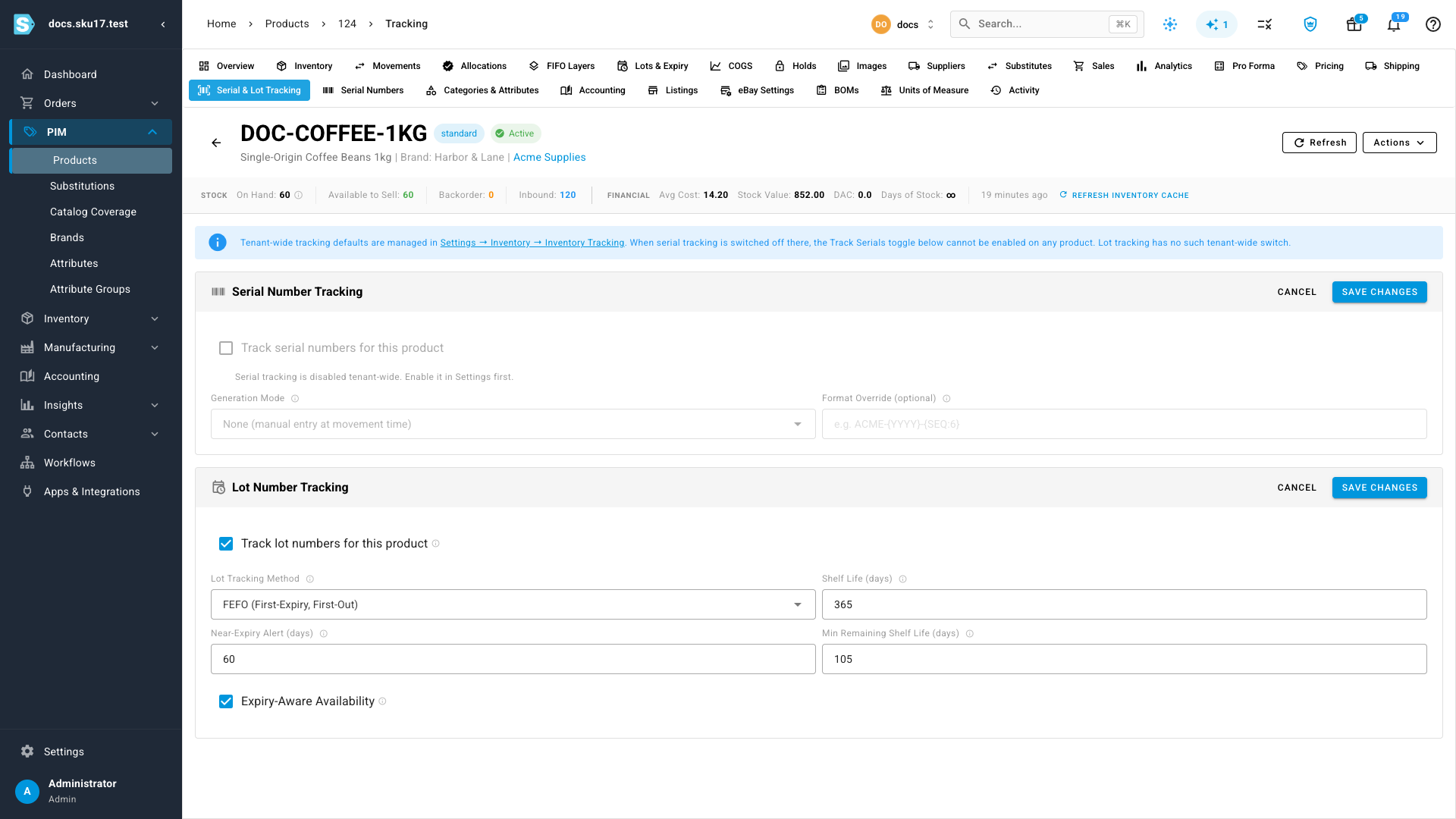 The completed form — FEFO, Shelf Life 365, Near-Expiry Alert 60, Min Remaining Shelf Life 105, Expiry-Aware Availability on