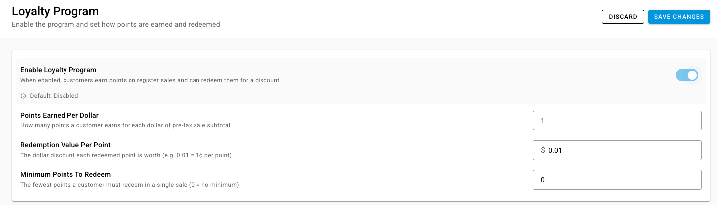 The Loyalty Program settings with earn rate, redemption value, and minimum points