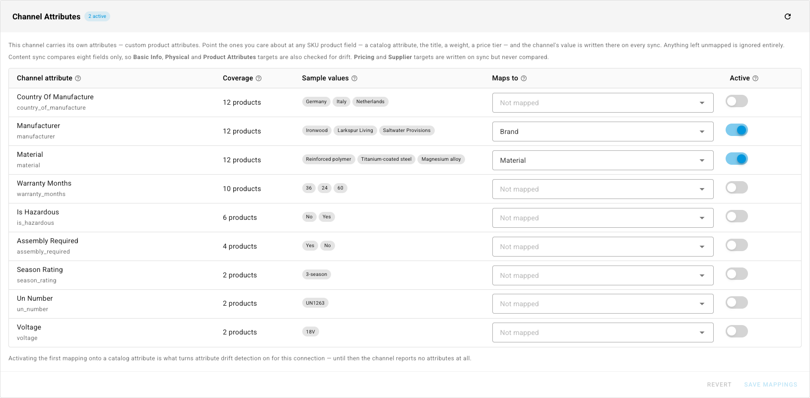 The Channel Attributes panel for a Magento 1 store, showing custom attribute codes mapped to Brand and a Material attribute