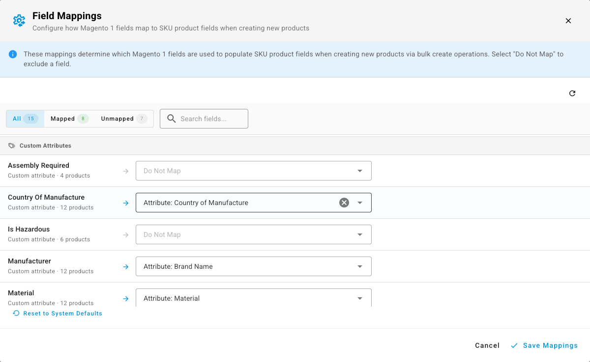 The Field Mappings modal for a Magento 1 store, with custom attribute codes listed alongside the standard product fields