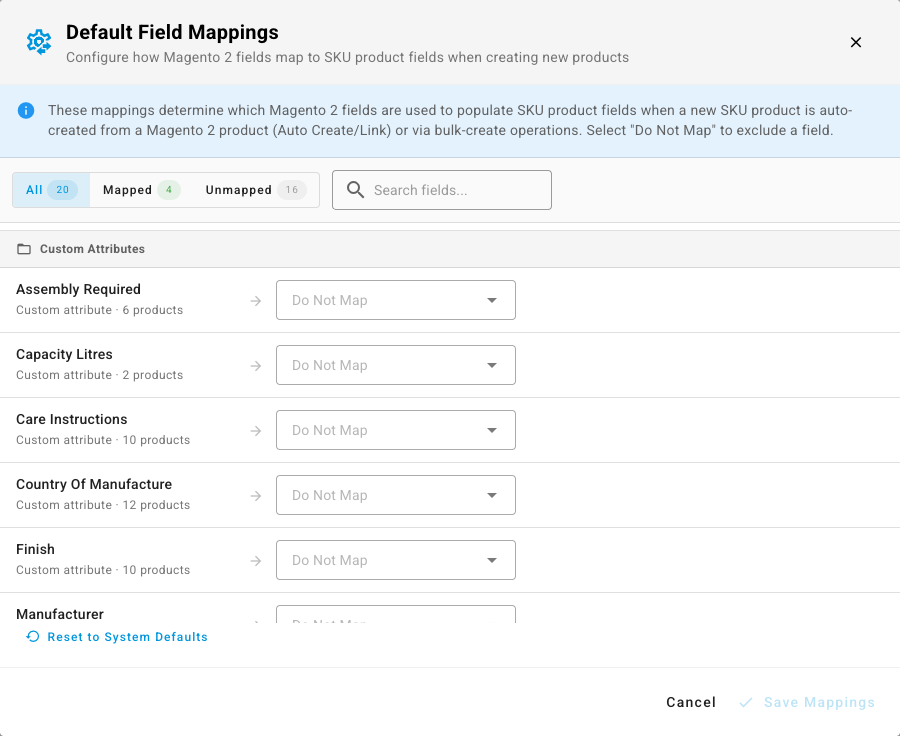The Default Field Mappings modal for a Magento 2 store