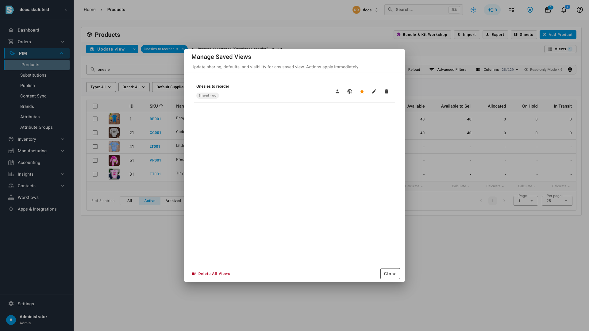 The Manage Saved Views dialog