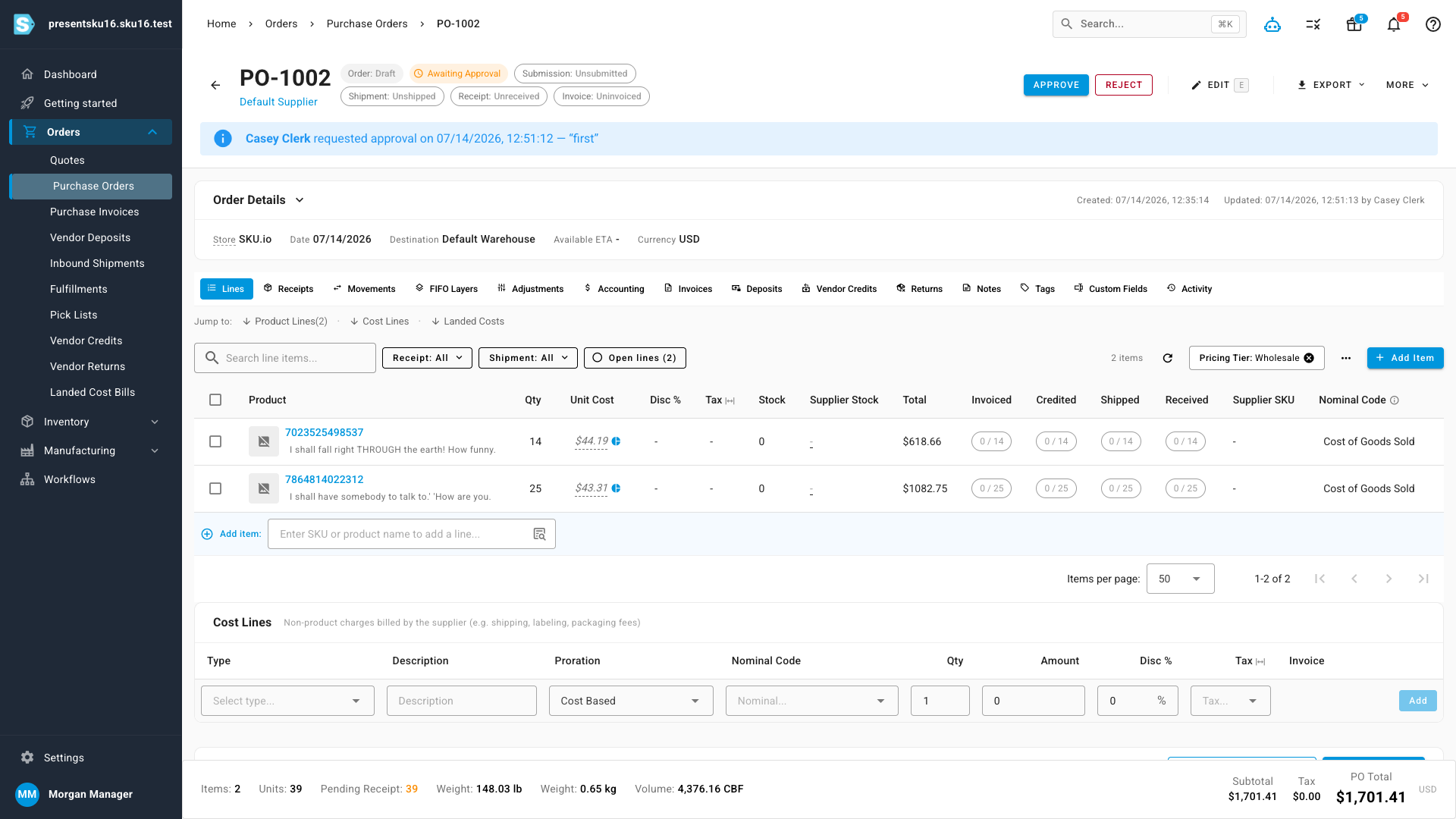 An approver reviewing a pending request — the banner shows who asked and why, with Approve and Reject one click away