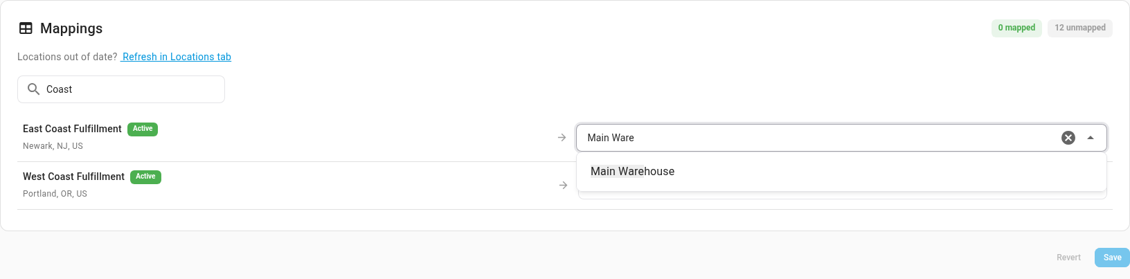 Typing a warehouse name in the field next to a location