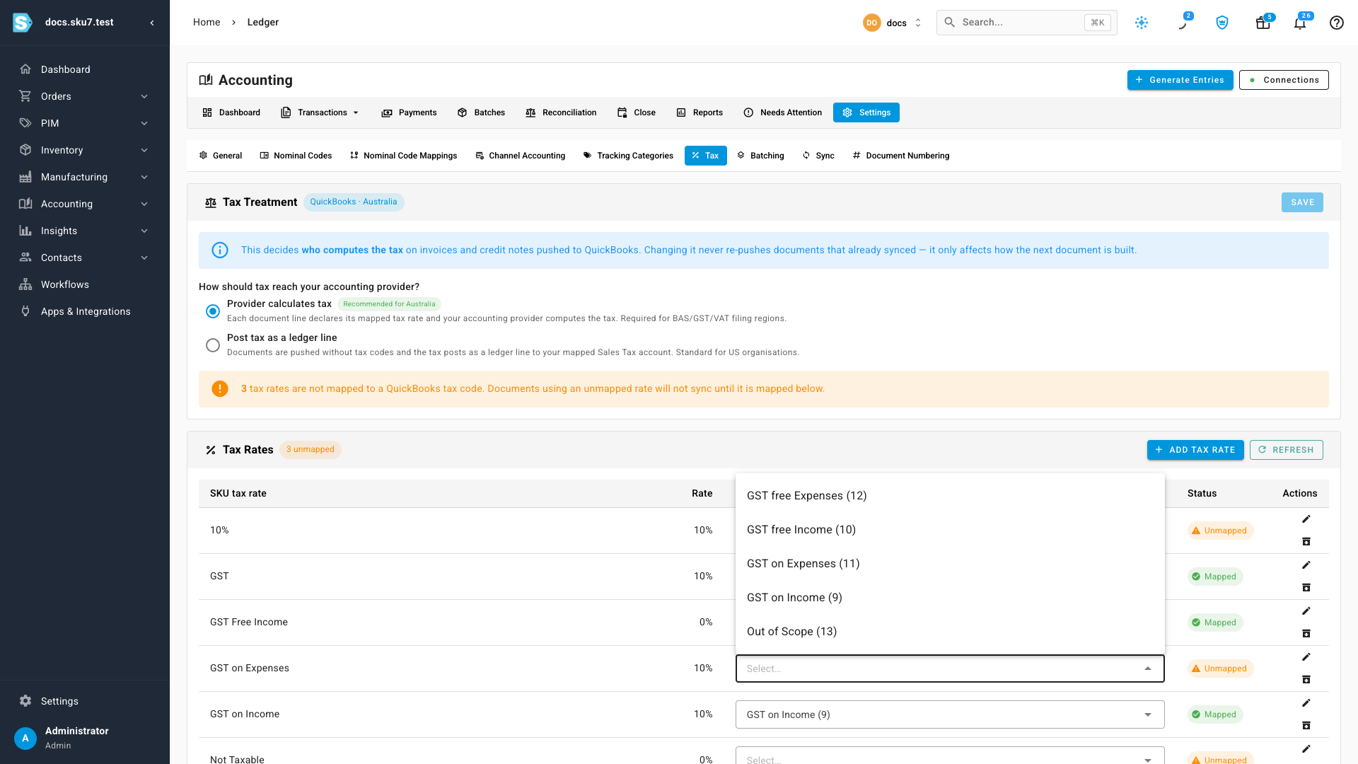 Mapping a tax rate by picking a tax code from the row's dropdown