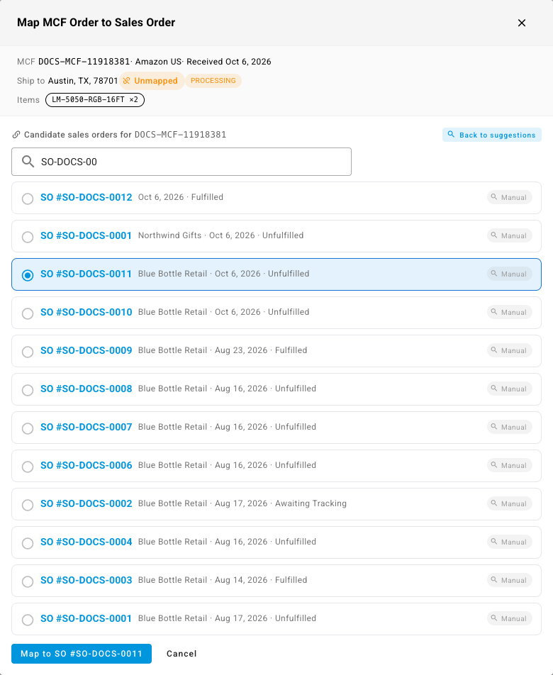 The Map MCF Order to Sales Order dialog with a sales order picked