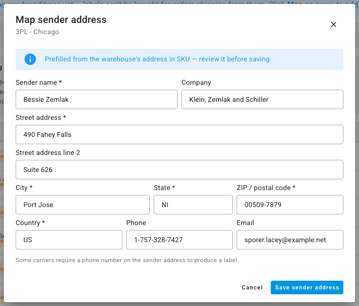 The Map sender address dialog with sender name, company, street, city, state, ZIP, country, phone, and email
