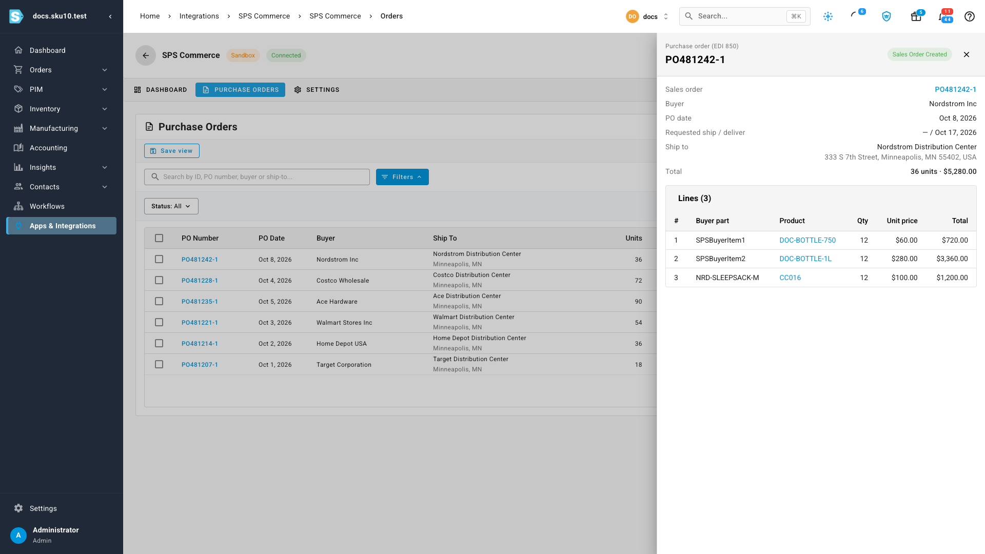 The purchase order after mapping, with its sales order created