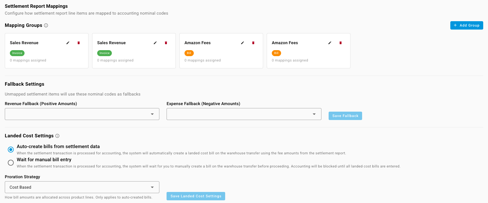 Mapping groups, fallback accounts and landed cost settings