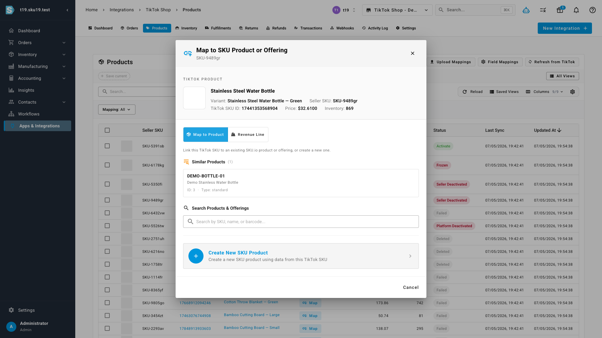 The TikTok Shop mapping modal with map-to-product and map-to-revenue-line options, Smart Match suggestions, and create-new-product