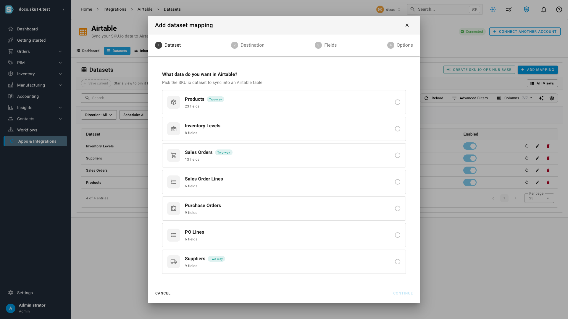 The Add dataset mapping wizard open on step one, listing the syncable datasets — Products, Inventory Levels, Sales Orders, and more — with two-way badges on the datasets that support inbound sync
