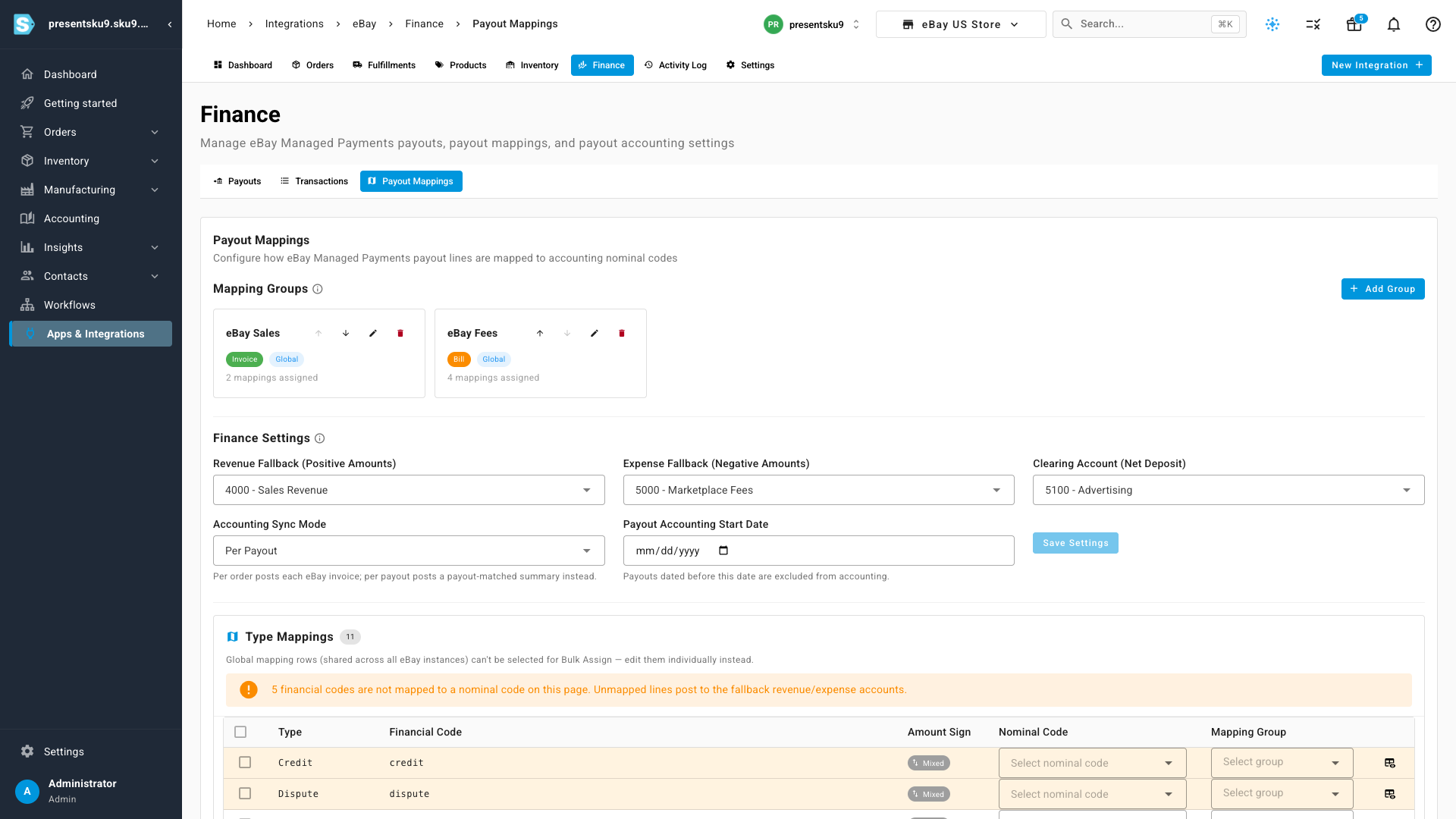 The Payout Mappings screen for assigning eBay charge types to accounts
