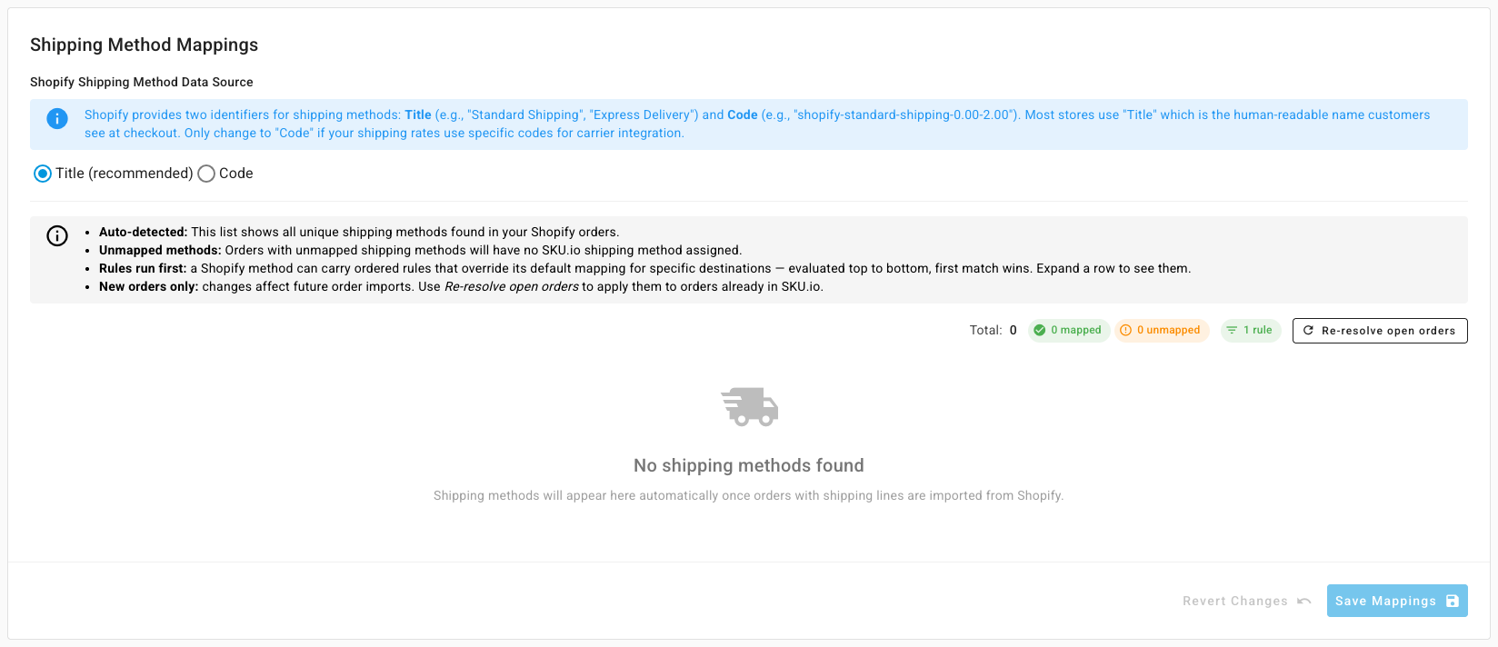 The Shipping Method Mappings card with the data source, the mapped and unmapped counts, and Re-resolve open orders