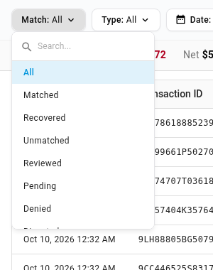 The Match filter open, listing All, Matched, Recovered, Unmatched, Reviewed, Pending, Denied and more