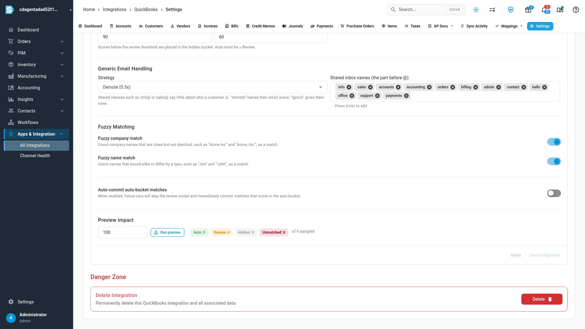 Customer Matching Configuration scrolled to Generic Email Handling, Fuzzy Matching, Auto-commit and a Preview impact result