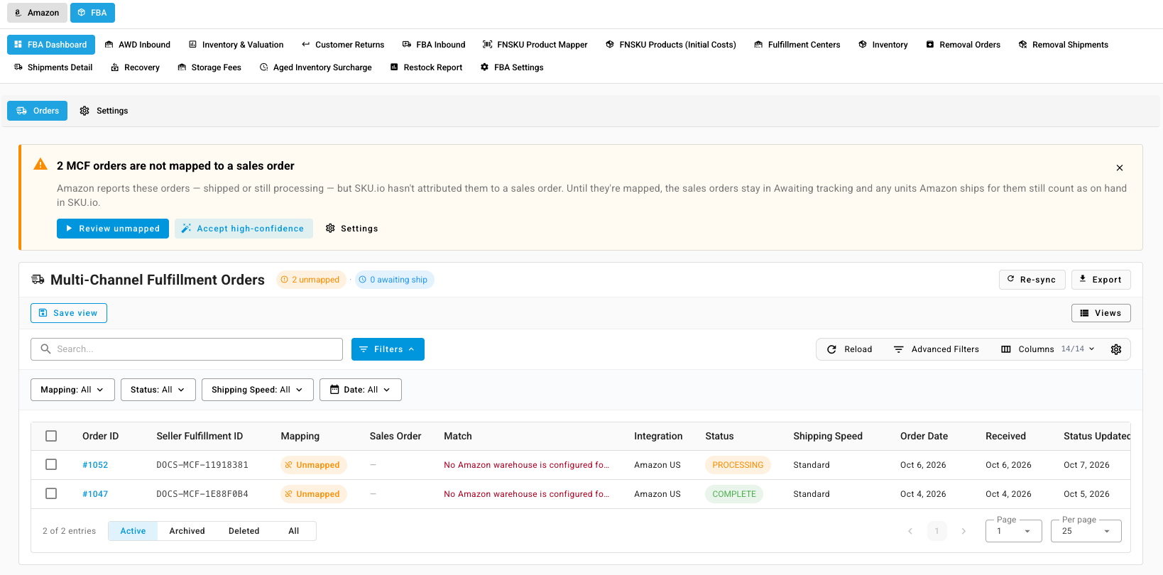 The Multi-Channel Fulfillment Orders list with the unmapped banner and two unmapped orders