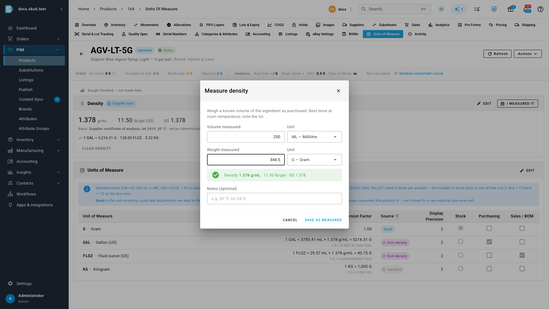 The Measure density dialog: 250 ML weighing 344.5 G gives 1.378 g/mL