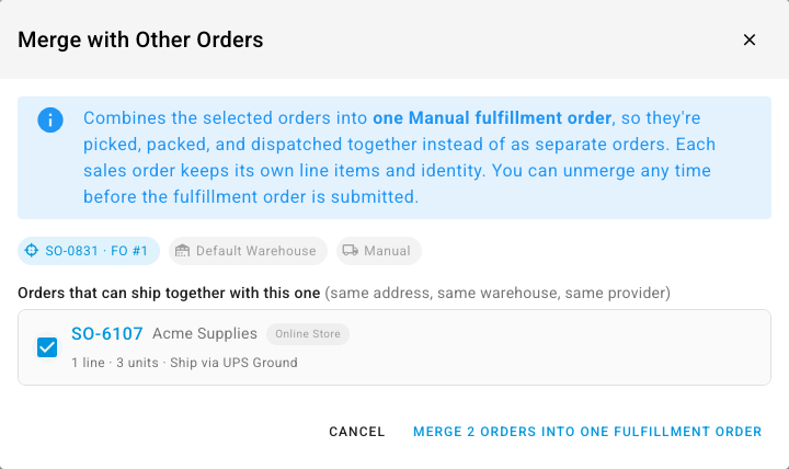 The merge dialog confirming the orders will combine into one fulfillment order