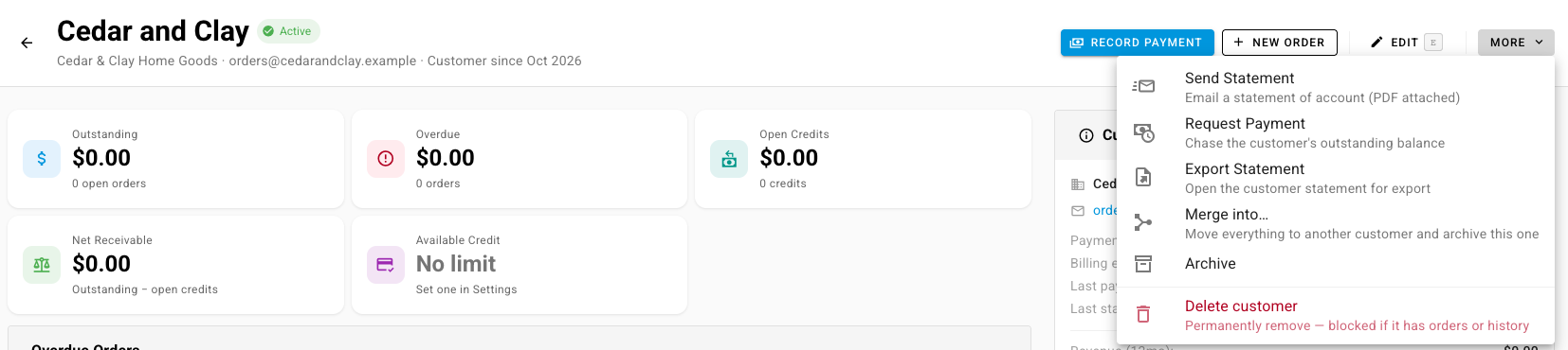 The customer's More menu with Merge into… and its description, "Move everything to another customer and archive this one"