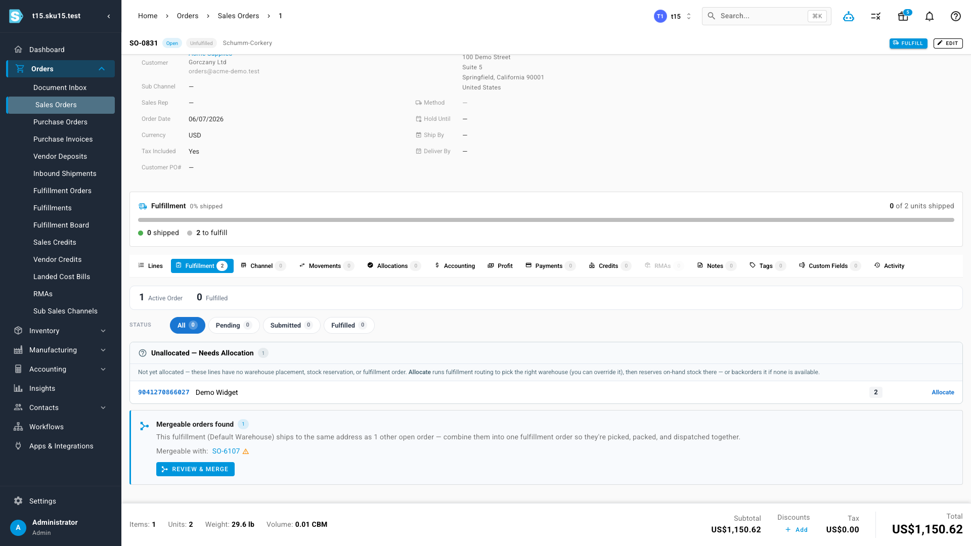 The Fulfillment tab showing a "Mergeable orders found" prompt with a Review & merge button