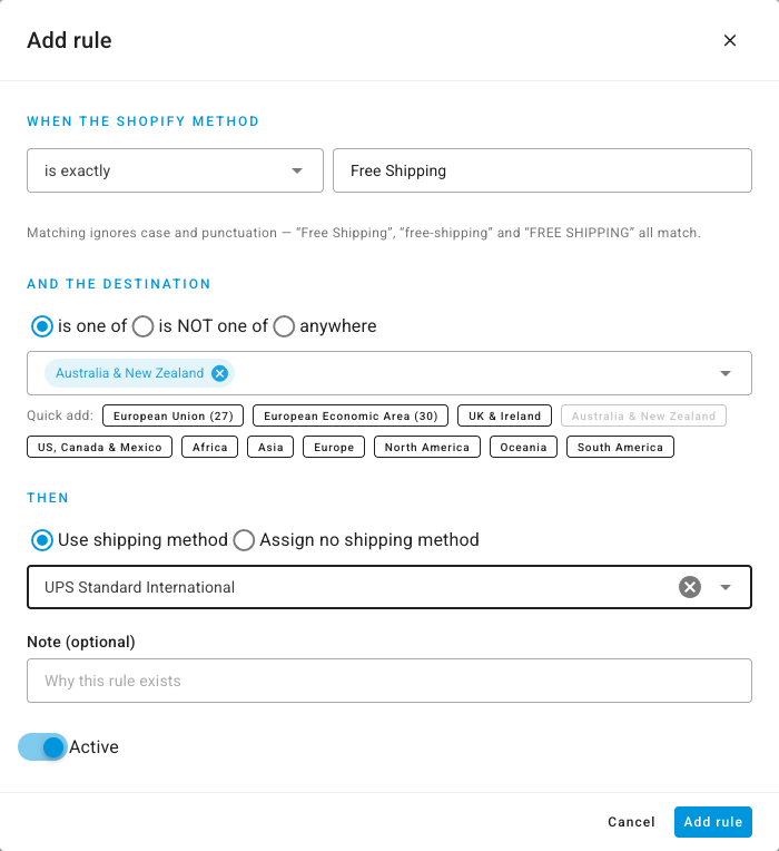 The Add rule dialog: Free Shipping, destination Australia & New Zealand, use UPS Standard International