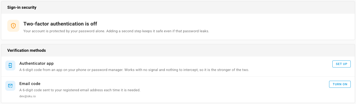 The verification methods card with a Set up button on the Authenticator app row and a Turn on button on the Email code row