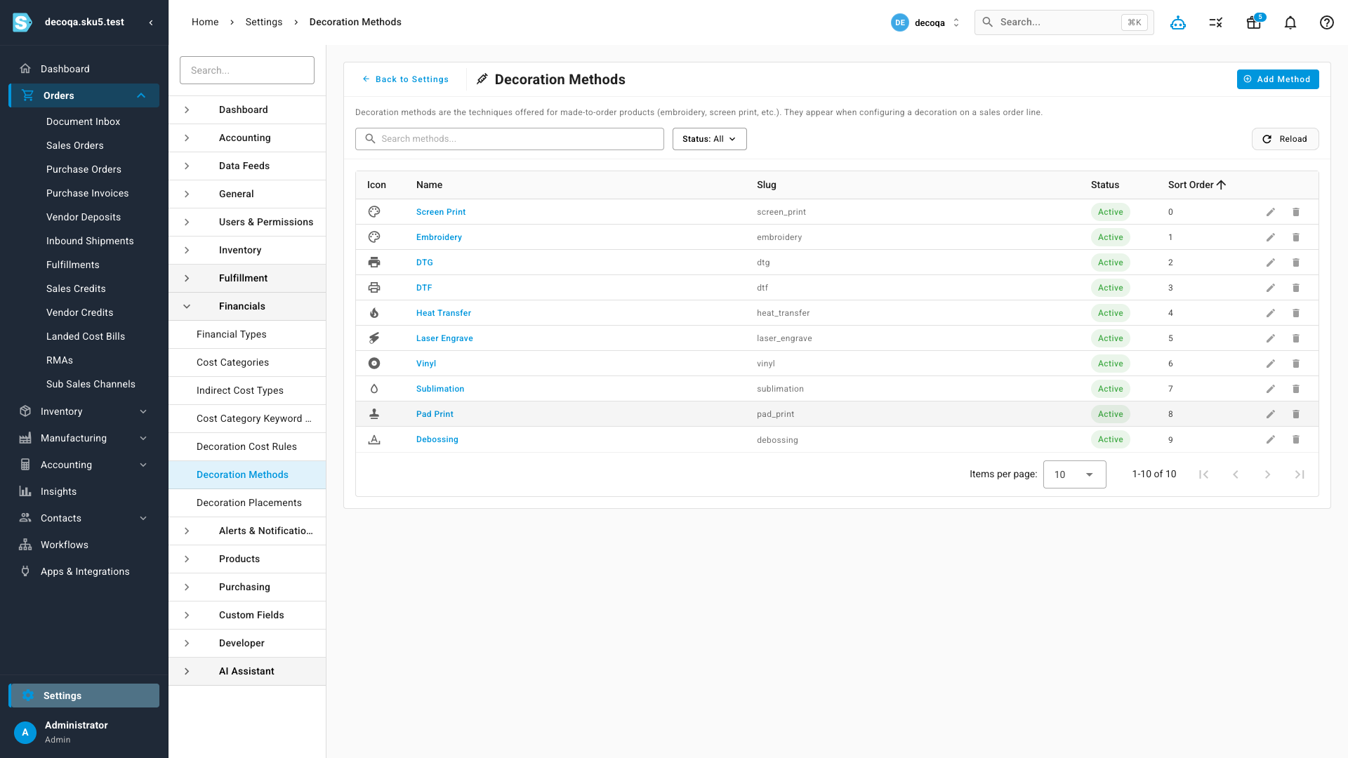 The Decoration Methods registry under Settings, listing techniques like embroidery, screen print and DTG