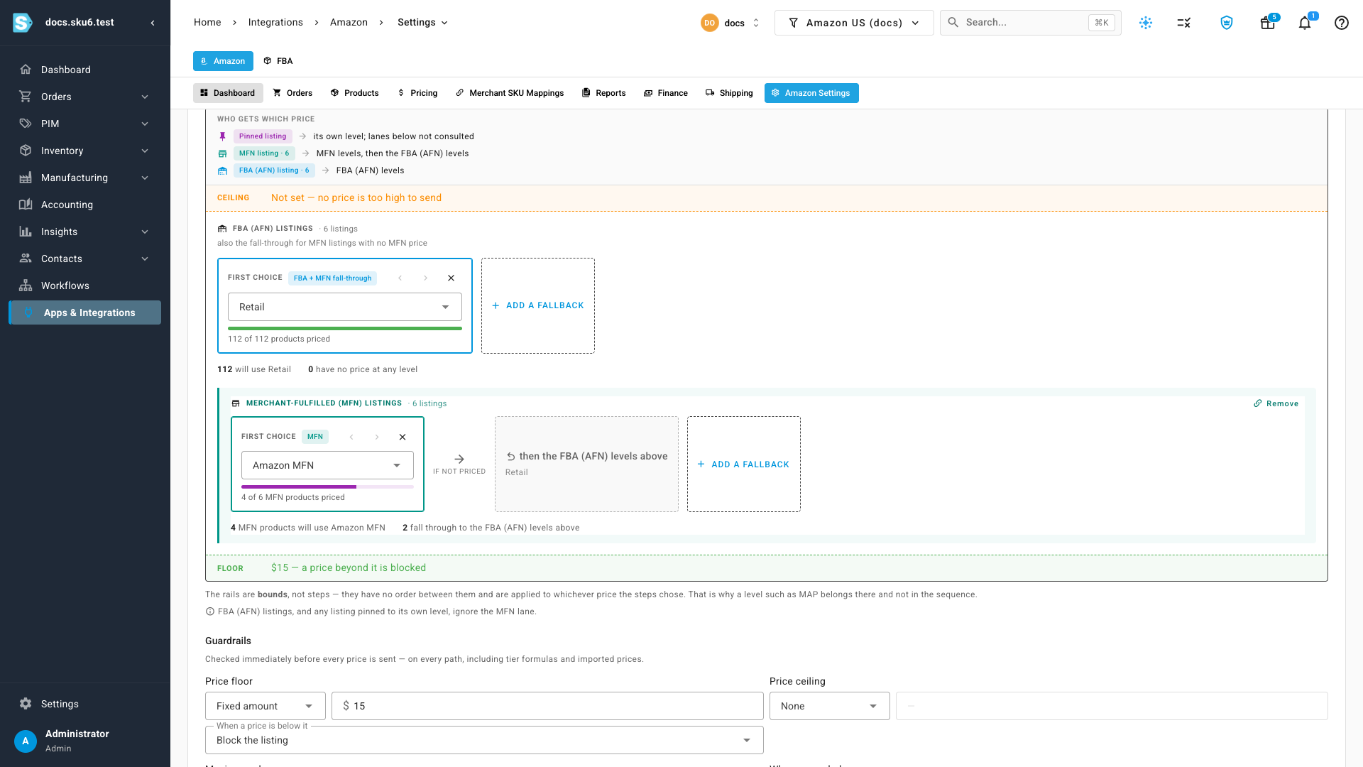 The Which price to send fence on the Amazon Pricing Sync tab: the FBA lane with Retail as first choice, and the merchant-fulfilled lane with Amazon MFN as first choice, 4 of 6 MFN products priced, falling through to the FBA levels above