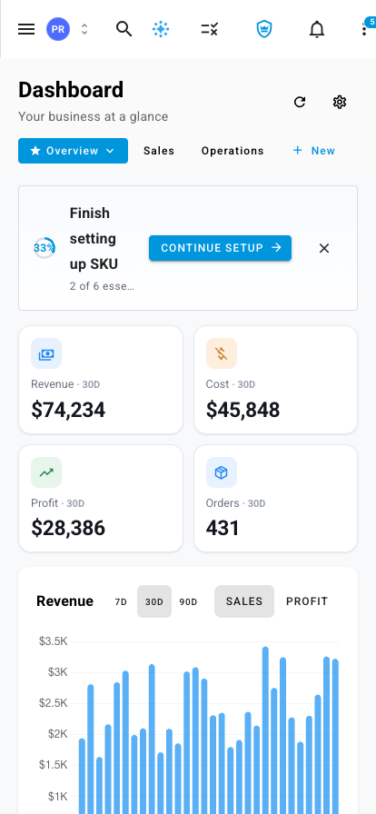 The dashboard on a mobile phone, showing the dashboard tabs and widgets stacked in a single column