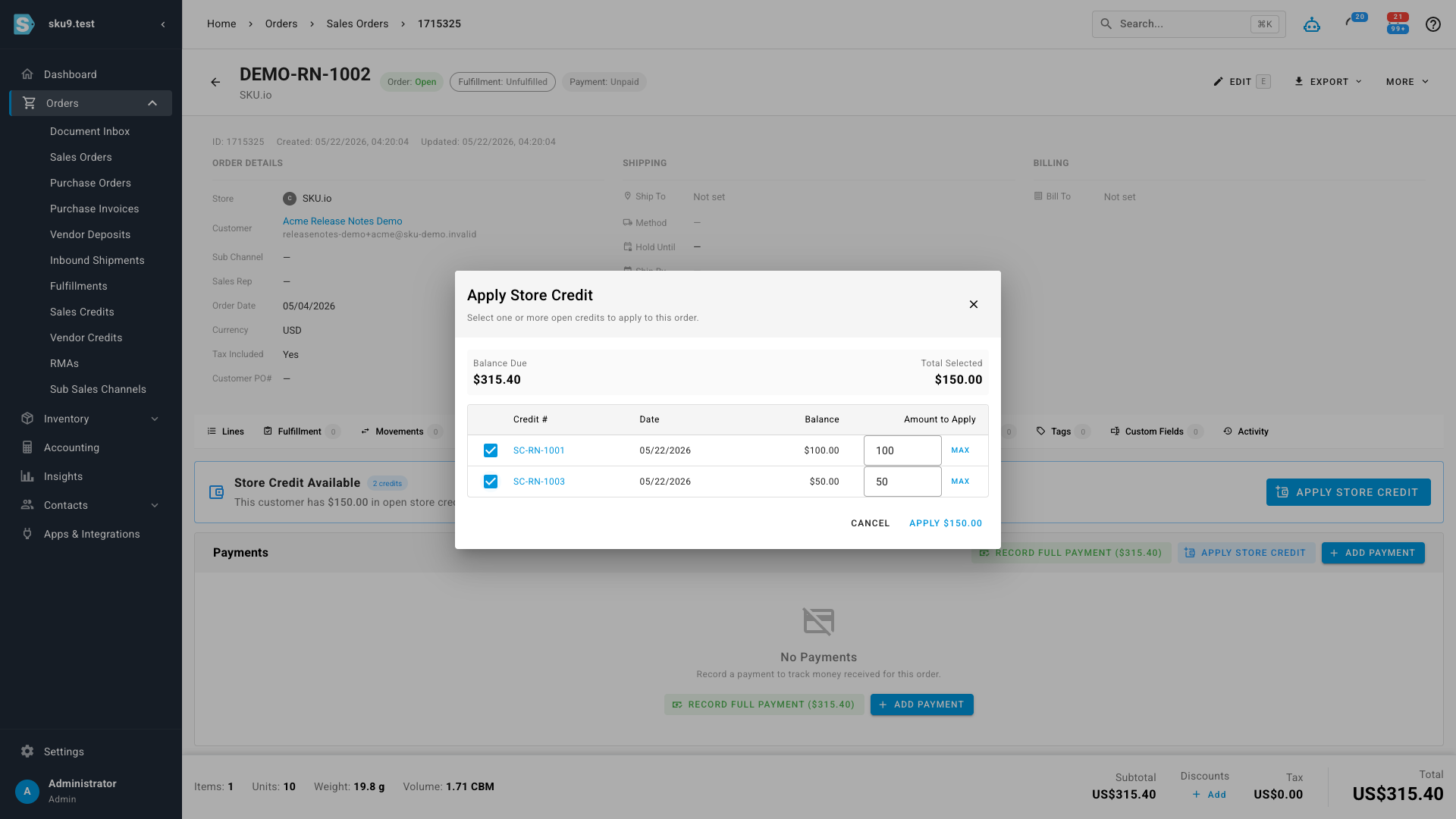 The Apply Store Credit dialog, with two credits selected, per-credit amount inputs, and a Total Selected total alongside the Balance Due