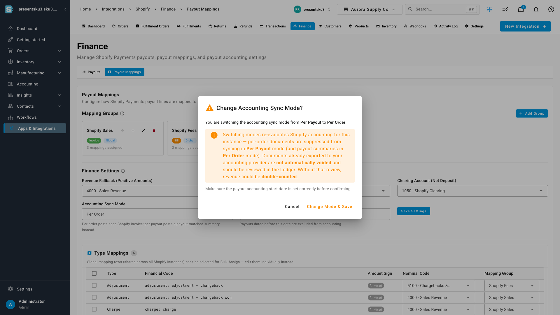 The confirmation dialog shown before changing the accounting sync mode