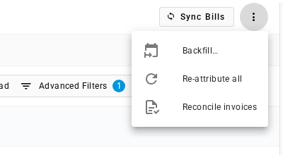 The more actions menu with Backfill…, Re-attribute all, and Reconcile invoices