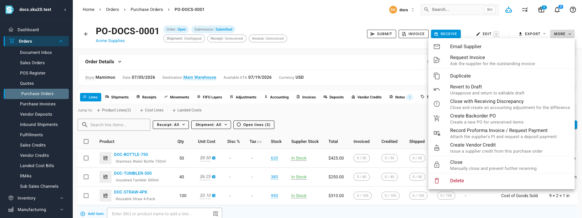 The purchase order More menu — Close, Close with Receiving Discrepancy (short-close), Revert to Draft, Create Backorder PO, and more