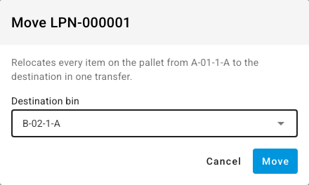 Moving LPN-000001 to a new bin