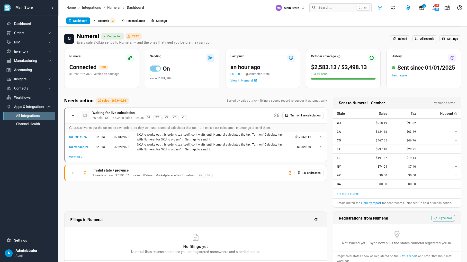 Needs action on the Numeral dashboard, with a held group and a group that needs action